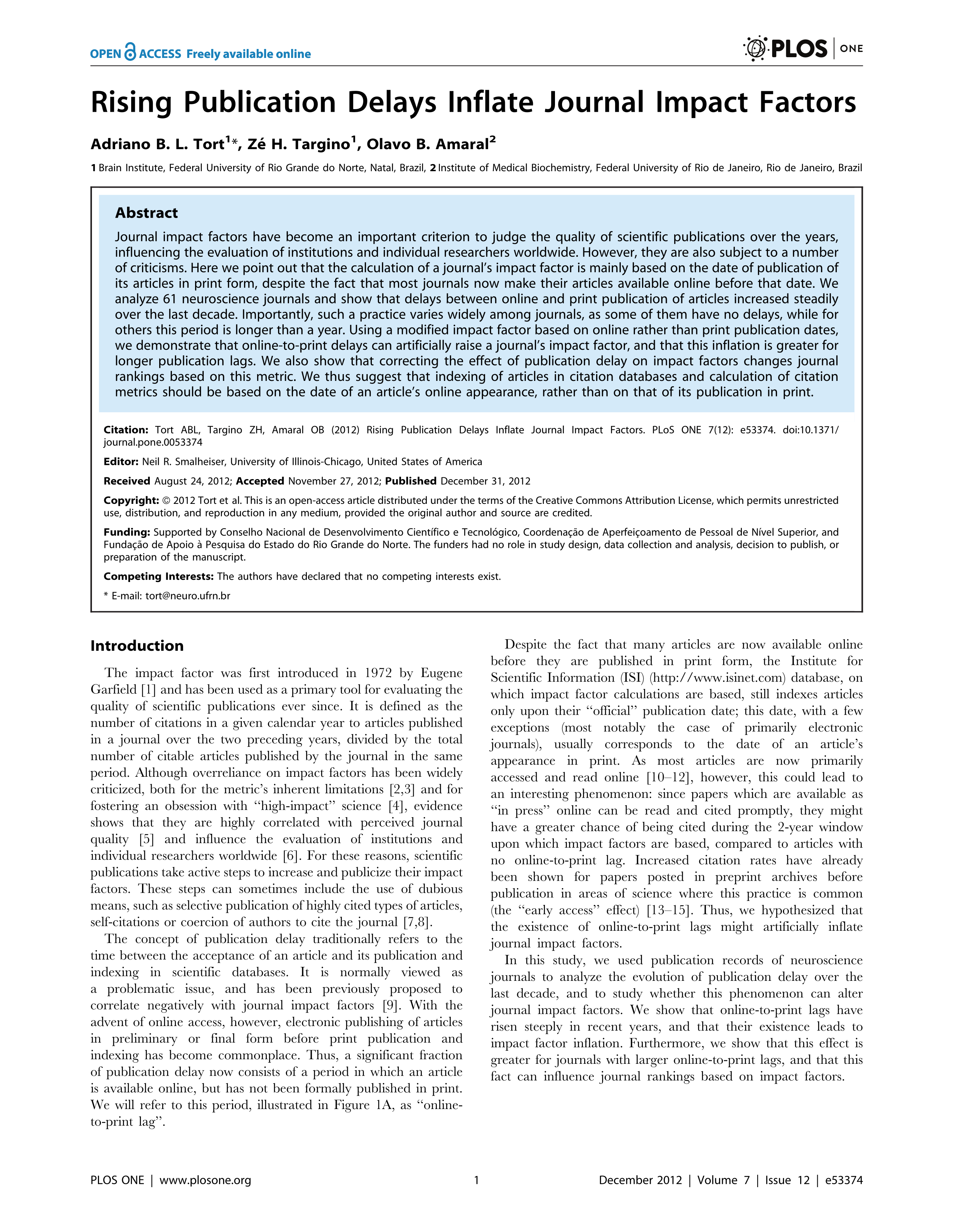 Rising Publication Delays Inflate Journal Impact Factors - PLOS ONE