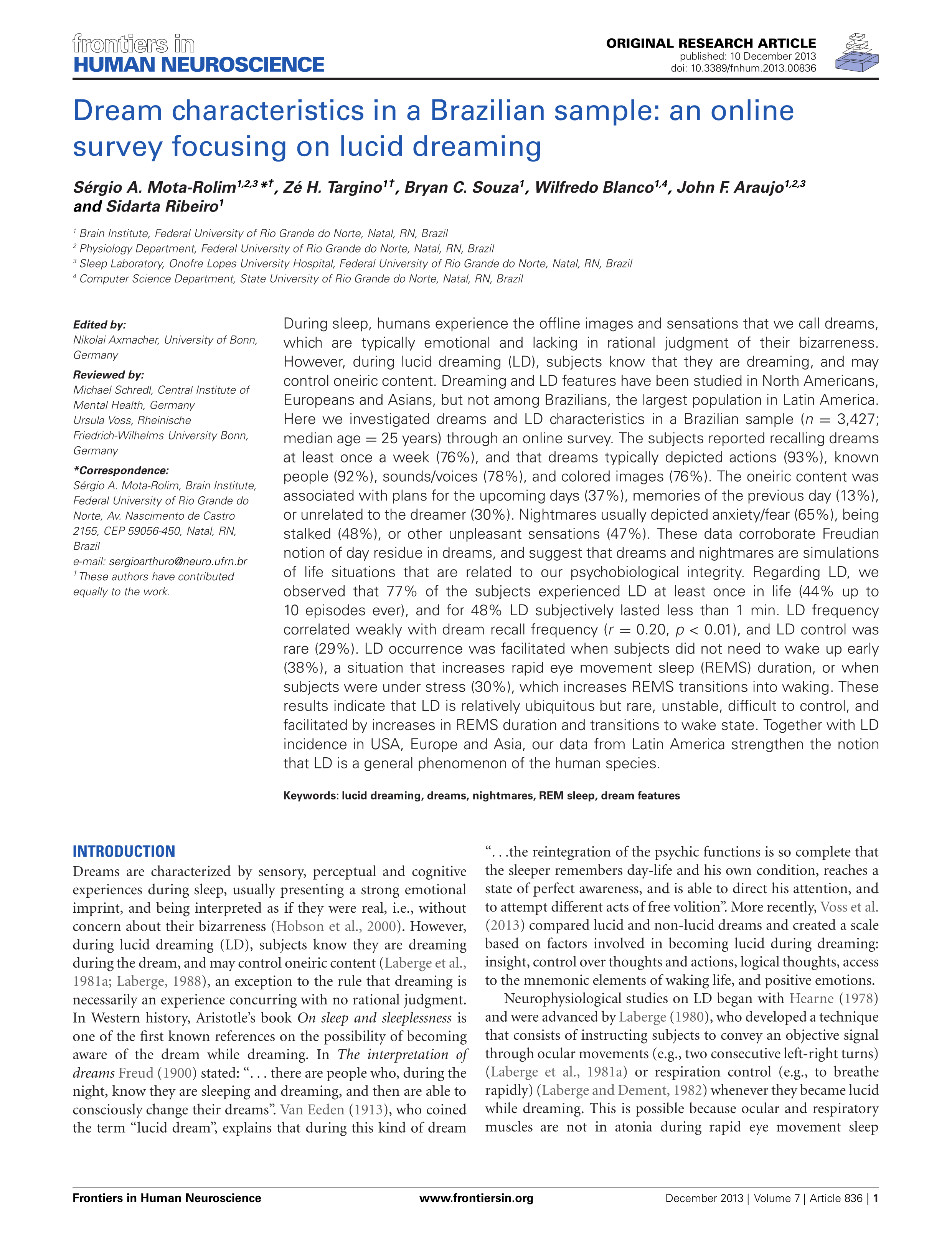Dream characteristics in a Brazilian sample - Frontiers in Human Neuroscience